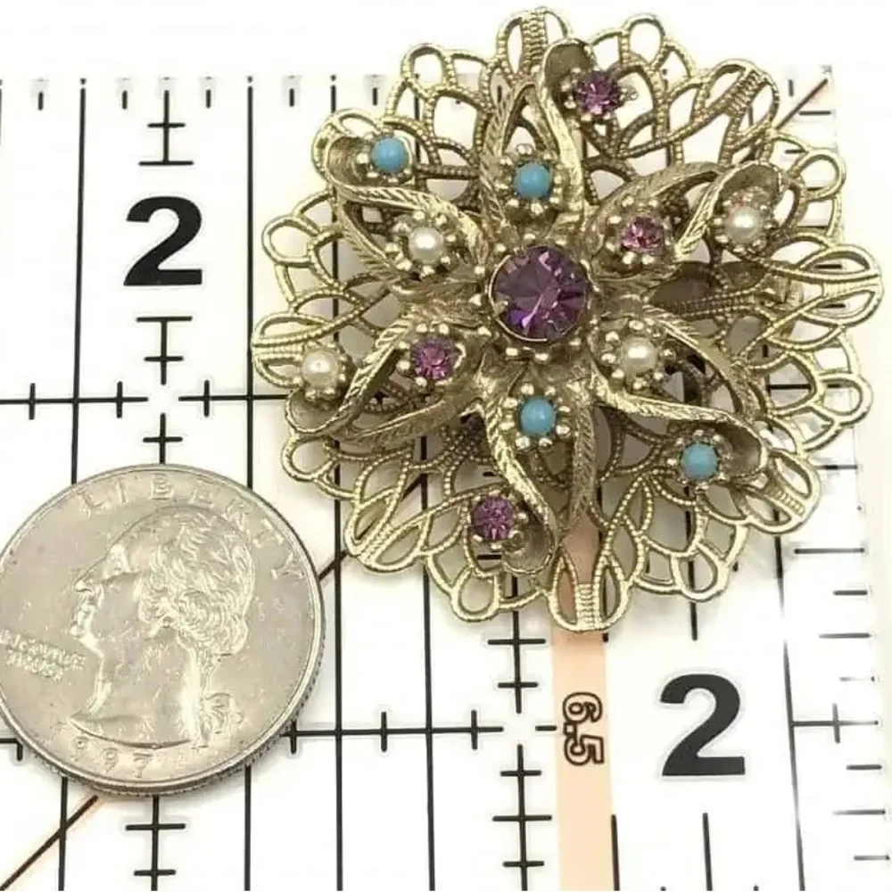 Vintage Purple Blue Rhinestone Star Filigree Pin Brooch Seed Pearls